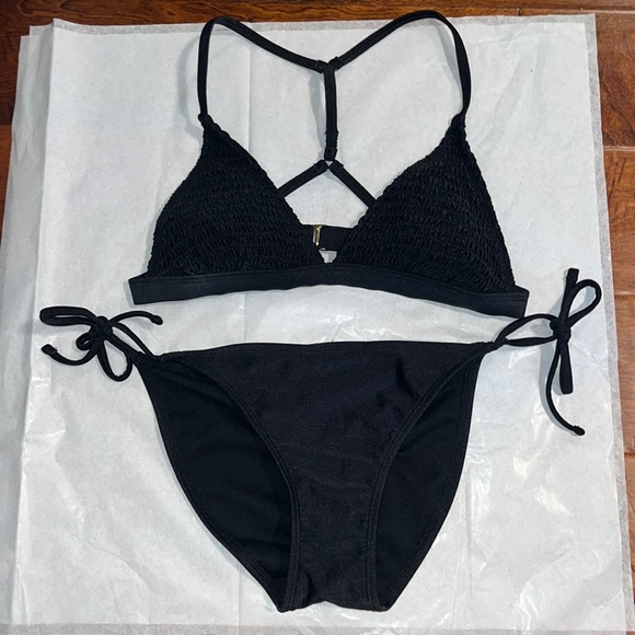 Other - Black Bikini Set with gold detailing. Tie bottoms adjustable top